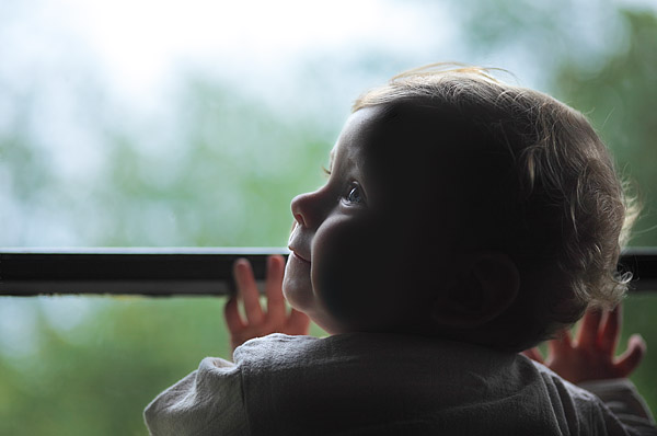 6 Monate alter Junge fasziniert von der Welt hinterm Fenster